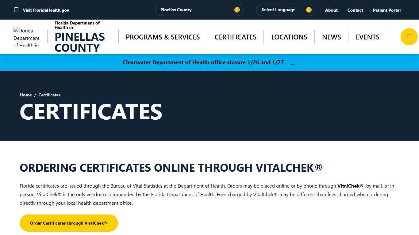 Certificates - Florida Department of Health in Pinellas County