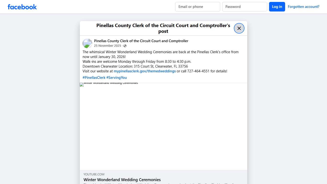 The whimsical Winter Wonderland Wedding Ceremonies are back at the Pinellas Clerk's office from now until January 30, 2026! Walk-ins are welcome Monday through Friday from 8:30 to 4:30 p.m. Downtown Clearwater Location: 315 Court St, Clearwater, FL 33756 Visit our website at mypinellasclerk.gov/themedweddings or call 727-464-4551 for details! #PinellasClerk... - Pinellas County Clerk of the Circuit Court and Comptroller Facebook